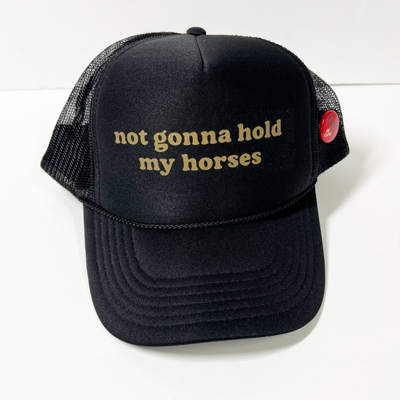 Not Gonna Hold My Horses Black Trucker Hat with Gold Text and Red Hat Pin - Picture 14 of 16